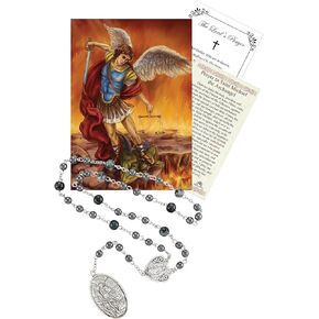 St Michael Chaplet Bead-Saint Michael Chaplet Rosary with St Michael The Archangel Prayer Card, Lord's Prayer Card | Black Beads Antique Style Rosary Beads Catholic for Women and Men | 3 Items Set