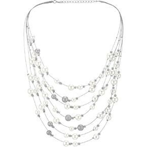 Multi-Strand Layered Pearl Necklace for Women, Elegant White Faux Pearl and Satin Beads, Long Waterfall Statement Jewelry
