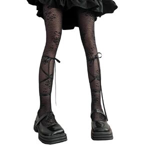 SOLILOQUY Women's Lolita Patterned Tights Kawaii Bowtie Fishnet Stockings Leggings Mesh Pantyhose Hollow Out lace Socks