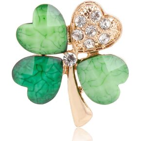 Rhinestone Hearted Clover Leaf Brooch Pin for Women Girls Unisex Gold Plated Vintage Crystal Green Shamrock Flower Brooches Lapel Pins Lucky Decor Dress Accessories St Patrick's Day Holiday Anniversary Jewelry Gift