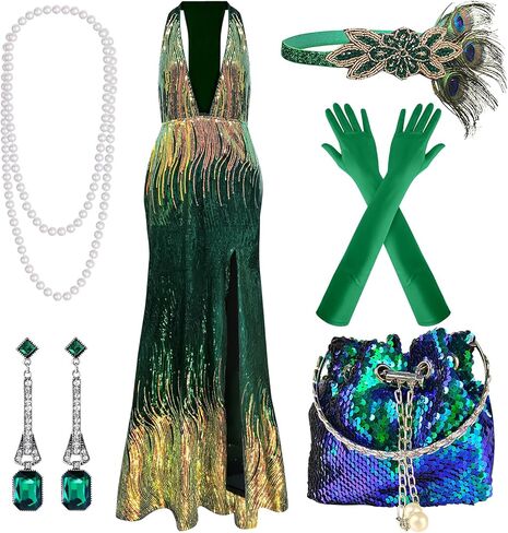 PLULON Womens 1920s Sequin Flapper Dresses Sexy V Neck Gatsby Cocktail Dress with 20s Accessories Set (Green) in Saudi Arabia