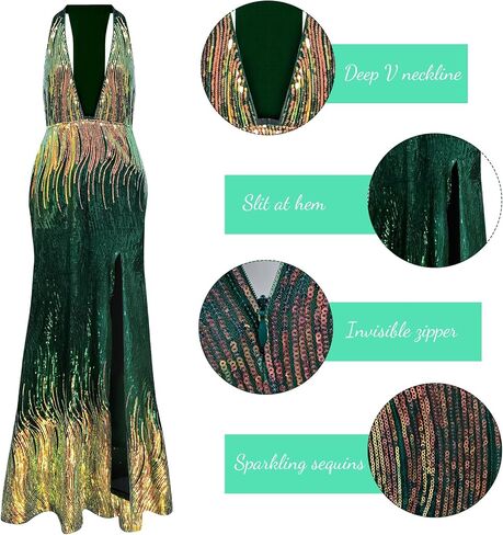 PLULON Womens 1920s Sequin Flapper Dresses Sexy V Neck Gatsby Cocktail Dress with 20s Accessories Set (Green) in Saudi Arabia