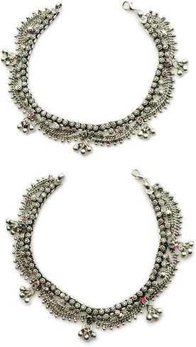 خلخال للنساء | مجموعة اساور كاحل صنادل بوهو بيرفوت | مصنوعة يدويا ملحومة من الفضة الالمانية بطبقات وشراشيب بدلاية على شكل جرس ومجوهرات عصرية مبتكرة | بايال هندي تقليدي فاخر in Kuwait