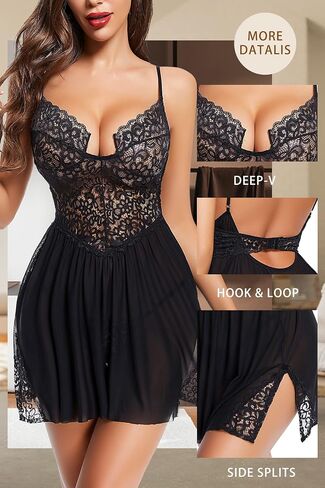 ADSEXY Women Sexy Lingerie Lace Babydoll Modal Chemise Nightgown Deep V Side Slit Sleepwear in Saudi Arabia