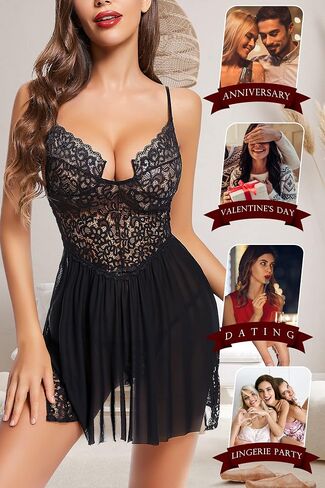 ADSEXY Women Sexy Lingerie Lace Babydoll Modal Chemise Nightgown Deep V Side Slit Sleepwear in Saudi Arabia