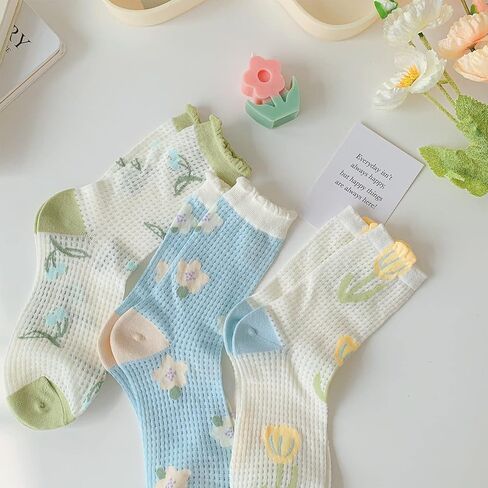 جوارب Albagu النسائية القطنية كاجوال مبتكرة وجذابة وممتعة للفتيات بنمط زهور ملونة رفيعة 6 قطع in Kuwait