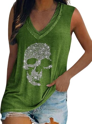 Fronage Women's Rhinestone Skull Tank Tops Loose Graphic V Neck Sleeveless Tee Shirt in Saudi Arabia
