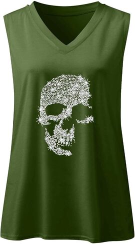 Fronage Women's Rhinestone Skull Tank Tops Loose Graphic V Neck Sleeveless Tee Shirt in Saudi Arabia