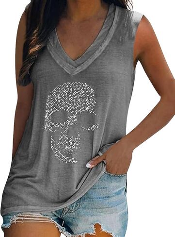Fronage Women's Rhinestone Skull Tank Tops Loose Graphic V Neck Sleeveless Tee Shirt in Saudi Arabia