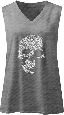 Fronage Women's Rhinestone Skull Tank Tops Loose Graphic V Neck Sleeveless Tee Shirt in Saudi Arabia