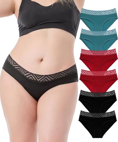 Womens Underwear Cotton Bikini Hipster Panties Lace Waist Rib Undies Soft Briefs 6 Pack in Saudi Arabia
