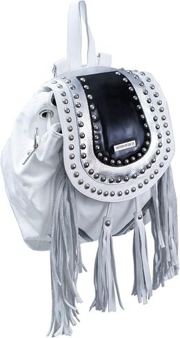Bequitas Genuine Argentine leather backpack. Black, silver and white studded flap with rivets. Color: White in Saudi Arabia