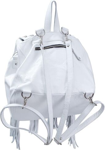 Bequitas Genuine Argentine leather backpack. Black, silver and white studded flap with rivets. Color: White in Saudi Arabia
