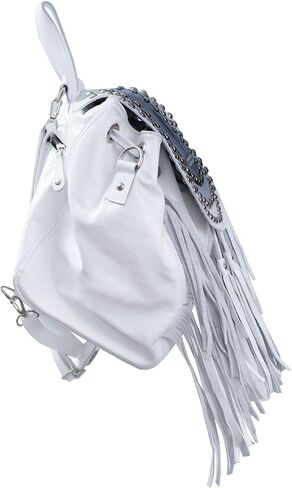 Bequitas Genuine Argentine leather backpack. Black, silver and white studded flap with rivets. Color: White in Saudi Arabia