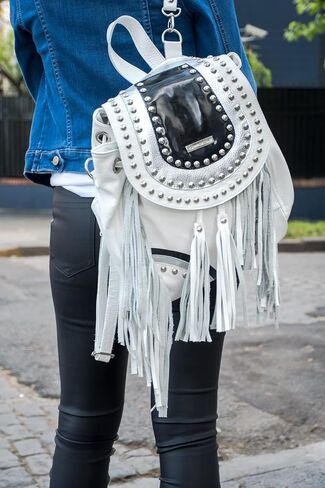 Bequitas Genuine Argentine leather backpack. Black, silver and white studded flap with rivets. Color: White in Saudi Arabia