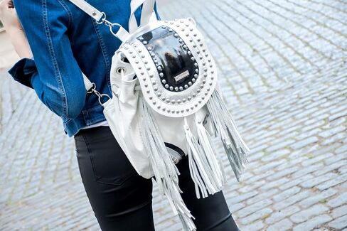Bequitas Genuine Argentine leather backpack. Black, silver and white studded flap with rivets. Color: White in Saudi Arabia