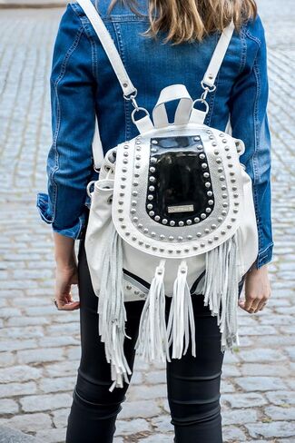 Bequitas Genuine Argentine leather backpack. Black, silver and white studded flap with rivets. Color: White in Saudi Arabia