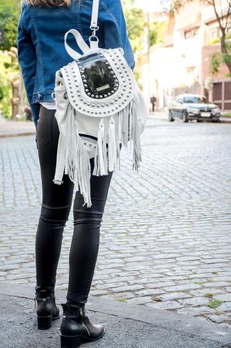 Bequitas Genuine Argentine leather backpack. Black, silver and white studded flap with rivets. Color: White in Saudi Arabia