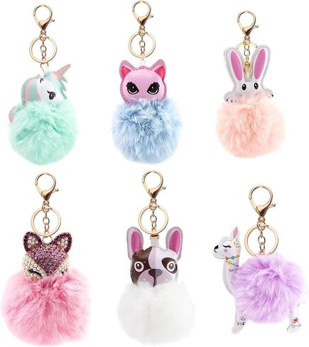 Cute Animal Pom Pom Keychain with Faux Fur Fluffy Balls Key Ring for Women Girls Bag Accessories in Kuwait