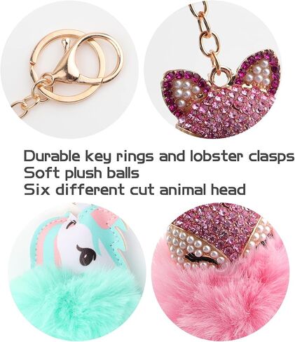 Cute Animal Pom Pom Keychain with Faux Fur Fluffy Balls Key Ring for Women Girls Bag Accessories in Kuwait