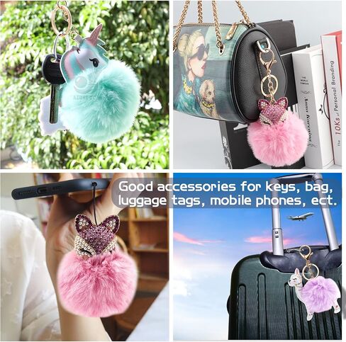 Cute Animal Pom Pom Keychain with Faux Fur Fluffy Balls Key Ring for Women Girls Bag Accessories in Kuwait