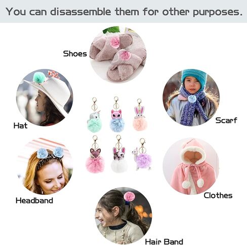 Cute Animal Pom Pom Keychain with Faux Fur Fluffy Balls Key Ring for Women Girls Bag Accessories in Kuwait