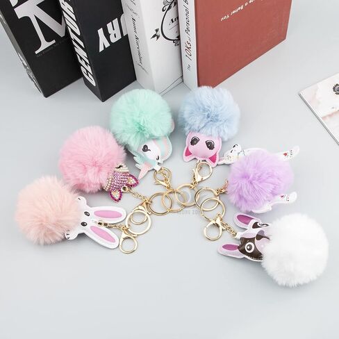Cute Animal Pom Pom Keychain with Faux Fur Fluffy Balls Key Ring for Women Girls Bag Accessories in Kuwait