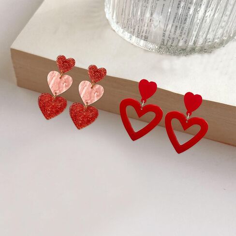 Vavhoo 2 أزواج الصيف الساخن الوردي الأحمر الحب القلب الأقراط للنساء الفتيات Y2K مزدوجة القلب تتدلى الأقراط خفيفة الوزن الاكريليك الأقراط مجوهرات هدايا لعيد الحب زوجة أمي صديقة لها مع صندوق in Kuwait