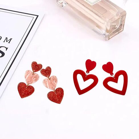 Vavhoo 2 أزواج الصيف الساخن الوردي الأحمر الحب القلب الأقراط للنساء الفتيات Y2K مزدوجة القلب تتدلى الأقراط خفيفة الوزن الاكريليك الأقراط مجوهرات هدايا لعيد الحب زوجة أمي صديقة لها مع صندوق in Kuwait