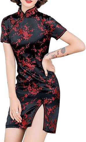 شيونغسام زي قصير الأكمام الجانب الشق الأزهار طباعة اليوسفي طوق خمر الصينية مساء البسيطة Bodycon كوكتيل الزي in Kuwait