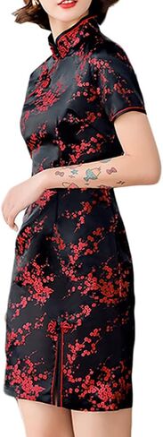 شيونغسام زي قصير الأكمام الجانب الشق الأزهار طباعة اليوسفي طوق خمر الصينية مساء البسيطة Bodycon كوكتيل الزي in Kuwait