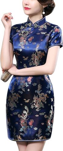 Traditional Cheongsam Costume Print High Slit Side Chinese New Year Party Cocktail Bodycon Short Dress in Saudi Arabia