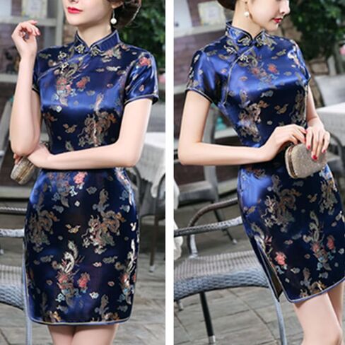 Traditional Cheongsam Costume Print High Slit Side Chinese New Year Party Cocktail Bodycon Short Dress in Saudi Arabia
