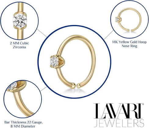 Lavari Jewelers 22 Gauge Cubic Zirconia Open Hoop Nose Ring for Women in 14k White or Yellow Gold 5/16 Inches 2 mm 22G in Saudi Arabia