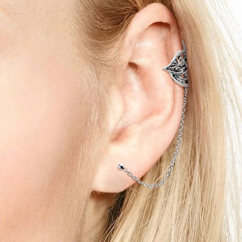 AeraVida Trendy Leaf Ear Cuff & Chain .925 Sterling Silver Stud Earrings | Cuff Earrings for Women | Sterling Silver Post Earrings | Chain Cuff Earrings | Silver Post Earrings for Women in Saudi Arabia