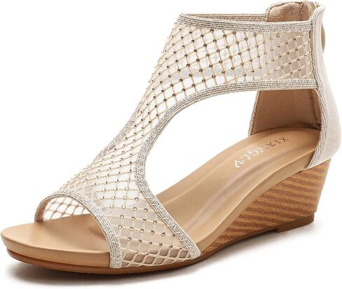 LOCIIXAT Women's Round Open Toe Wedge Sandals Zip Back Mid Heel Summer Dressy Sandals Shoes in Saudi Arabia