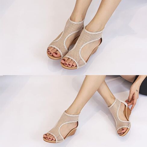 LOCIIXAT Women's Round Open Toe Wedge Sandals Zip Back Mid Heel Summer Dressy Sandals Shoes in Saudi Arabia