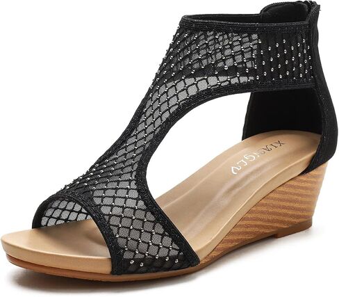 LOCIIXAT Women's Round Open Toe Wedge Sandals Zip Back Mid Heel Summer Dressy Sandals Shoes in Saudi Arabia