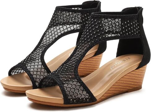 LOCIIXAT Women's Round Open Toe Wedge Sandals Zip Back Mid Heel Summer Dressy Sandals Shoes in Saudi Arabia