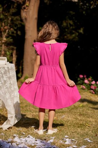 فستان Arshiner للأطفال الصغار من القطن والكتان فساتين صيفية كاجوال بأكمام مزدوجة مكشكشة للحفلات من 2 إلى 6 سنوات in Kuwait