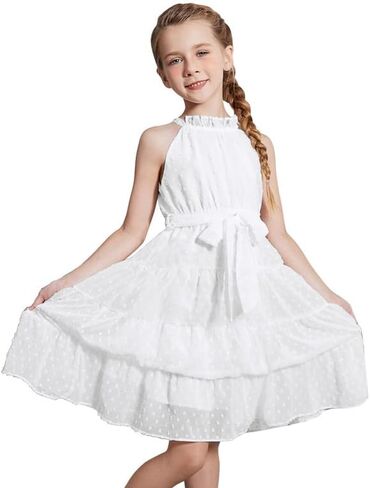 فستان CHILDRENSTAR للفتيات بدون أكمام ورقبة رسن سويسرية من الشيفون فستان صيفي متوسط ​​الطول مع حزام لعمر 3-13 سنة in Kuwait