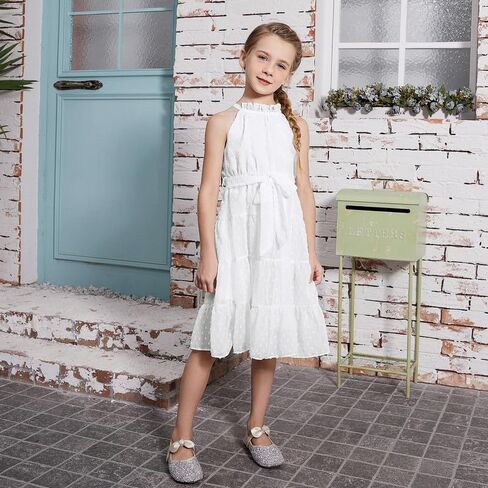 فستان CHILDRENSTAR للفتيات بدون أكمام ورقبة رسن سويسرية من الشيفون فستان صيفي متوسط ​​الطول مع حزام لعمر 3-13 سنة in Kuwait