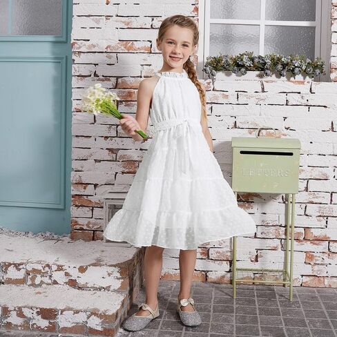 فستان CHILDRENSTAR للفتيات بدون أكمام ورقبة رسن سويسرية من الشيفون فستان صيفي متوسط ​​الطول مع حزام لعمر 3-13 سنة in Kuwait