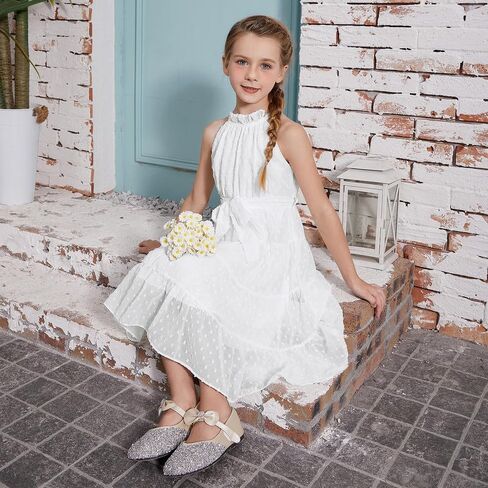 فستان CHILDRENSTAR للفتيات بدون أكمام ورقبة رسن سويسرية من الشيفون فستان صيفي متوسط ​​الطول مع حزام لعمر 3-13 سنة in Kuwait