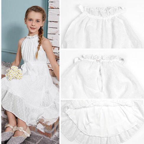 فستان CHILDRENSTAR للفتيات بدون أكمام ورقبة رسن سويسرية من الشيفون فستان صيفي متوسط ​​الطول مع حزام لعمر 3-13 سنة in Kuwait