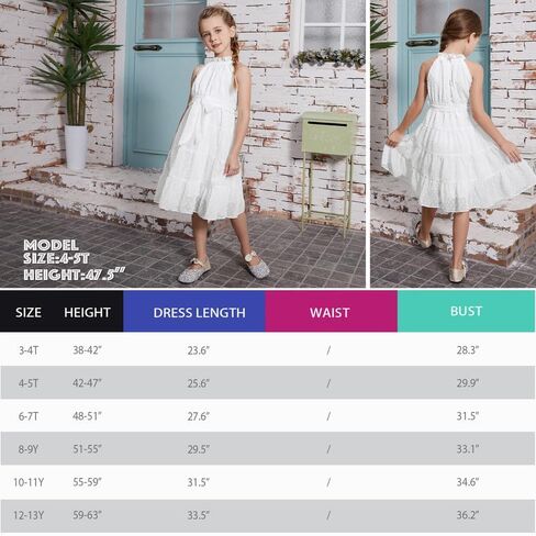 فستان CHILDRENSTAR للفتيات بدون أكمام ورقبة رسن سويسرية من الشيفون فستان صيفي متوسط ​​الطول مع حزام لعمر 3-13 سنة in Kuwait