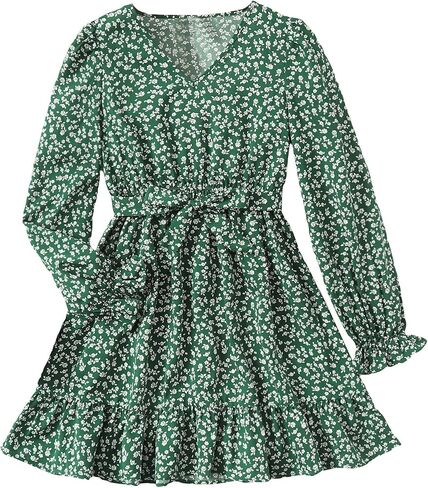 SOLY HUX Girl's Ditsy Floral V Neck Belted A Line Mini Dress Flounce Long Sleeve Ruffle Hem Swing Short Dresses in Saudi Arabia
