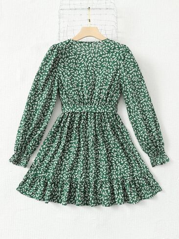 SOLY HUX Girl's Ditsy Floral V Neck Belted A Line Mini Dress Flounce Long Sleeve Ruffle Hem Swing Short Dresses in Saudi Arabia