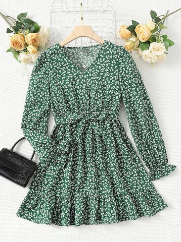 SOLY HUX Girl's Ditsy Floral V Neck Belted A Line Mini Dress Flounce Long Sleeve Ruffle Hem Swing Short Dresses in Saudi Arabia