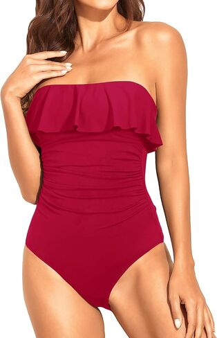 Holipick Strapless One Piece Swimsuits for Women Tummy Control Bandeau Bathing Suits Ruffle Slimming Swimwear in Saudi Arabia